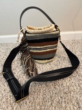 Zara Woven Stripe Bucket Bag with Fringe